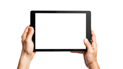 human hand holding tablet with blank display screen, isolated on white or transparent png - Powered by Adobe