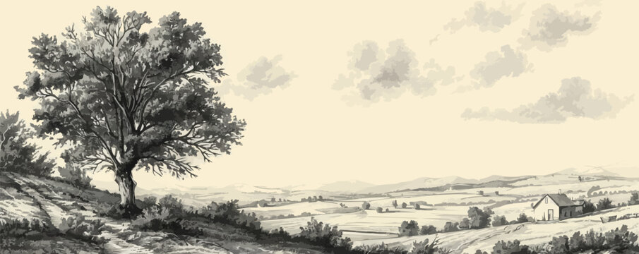 Rural landscape, tree and farm. Vector hand drawn vintage engraved sketch.