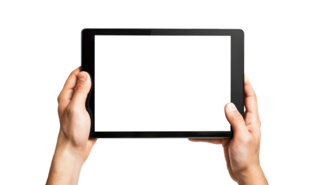 human hand holding tablet with blank display screen, isolated on white or transparent png - Powered by Adobe