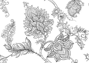 Fantasy flowers in retro, vintage, jacobean embroidery style. Seamless pattern, background. Outline Vector illustration. - 789187744