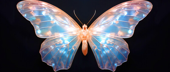 Symmetrical pollinator butterfly with glowing azure wings on a dark backdrop