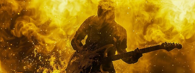 A man playing guitar in flames.
