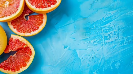 A bunch of grapefruits on a blue surface.