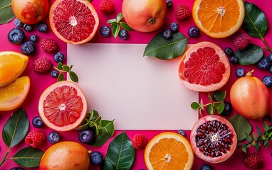 A pink background with fruit and a blank space.
