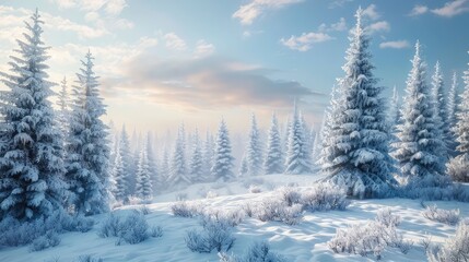 Snow-covered evergreen trees standing tall against a serene winter landscape, a tranquil scene of...