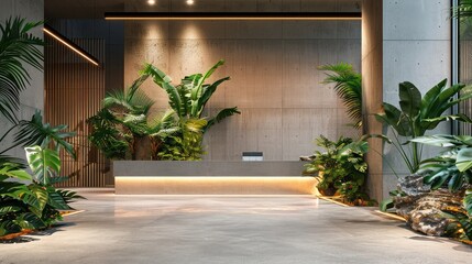 Spacious gallery interior with minimalist design featuring ambient lighting, concrete walls, and vibrant tropical plants.