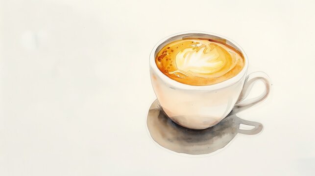 latte in a slender cup, light foam top, set against a white background, minimalist style