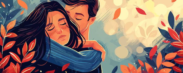 A man embraces a woman in love beautiful vector illustration - obrazy, fototapety, plakaty