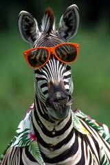 Obraz premium Zebra in trendy outfit with colorful hawaiian shirt and stylish orange sunglasses