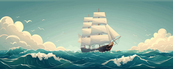 Obraz premium Retro ship sails on waves of sea. vector simple illustration