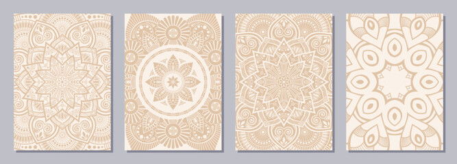 Set of four color cards or flyers with ethnic mandala ornament. Abstract mandala flyer design. Decorative beige color pattern with ornate texture, tribal ethnic oriental motif. Vector layout design. - 789189755