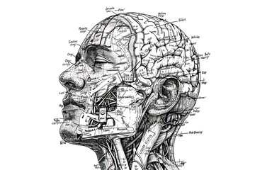 Psychology or medical illustration of male head. Black and white vector line art medical illustration of male head showing phrenology or psychology labels .