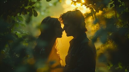 the tender silhouettes of a couple sharing an intimate moment beneath a canopy of swaying trees in a secluded forest