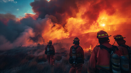 Fototapeta premium Firefighters observing helicopter water bombing at wildfire scene
