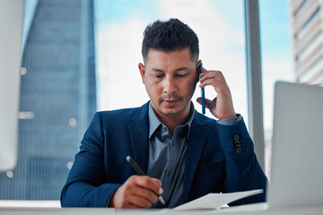 Phone call, business man and writing notes for deal, info or planning schedule reminder in corporate office. Smartphone, notebook and serious advisor talking for connection, listening or conversation