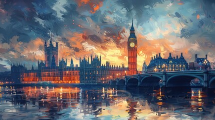 Nocturnal City Splendor: A Captivating Painting of London's Iconic Nighttime Charm - obrazy, fototapety, plakaty
