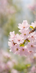 Cherry blossom in full bloom against stark minimalist landscape. Soft spring breeze brings petals to life