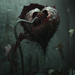 Killer plant with a heartshaped bloom, ominous shadow, macro view, in a dark, fantasyinspired illustration, 