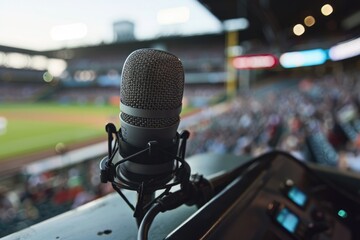 Announcers Booth with Microphone for Baseball Stadium Media Coverage - obrazy, fototapety, plakaty