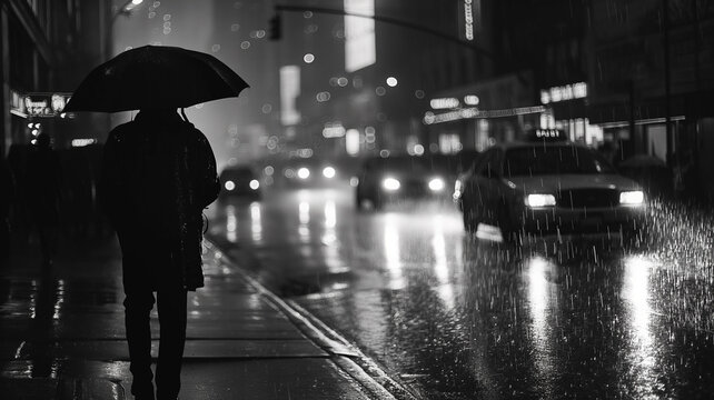 Black and white photography of the rainy street, dark with clouds. Landscapes photography