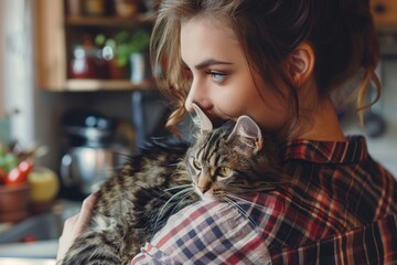 Caucasian Woman Preparing Calm Breakfast in Kitchen with Adorable Cat by her Side - obrazy, fototapety, plakaty