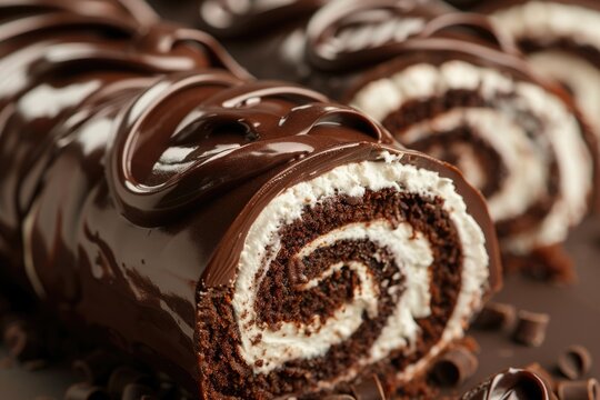 Closeup of Baked Chocolate Swiss Roll with Cream on Brown Background - Delicious Cake Image from Bakery/Cooking Concept