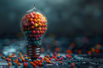 A pencil inside of an oversized light bulb with colorful icons floating around it, on black background,