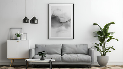  modern interior, blank white frame on the wall of living room ,Canvas mockup in modern interior, blank white frame on the wall of living room