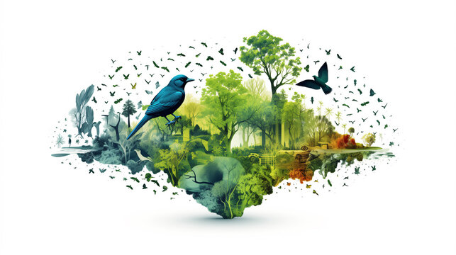 creative collage of biodiversity, ecosystem and protection of nature and water environment. Concept of saving the planet