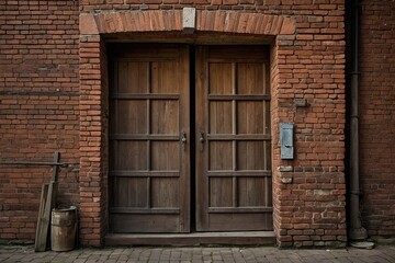 Fototapeta na wymiar doorway in a red brick building with main antique wooden doors and a brick wall