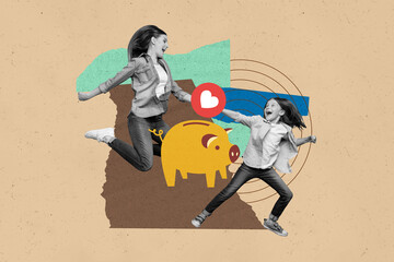 Collage sketch image of happy cheerful woman hold hands walk little child go shopping spend savings isolated on drawing background