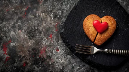 Rolgordijnen A fork piercing a heart shaped cookie resting on a sleek black stone plate capturing the essence of love and Valentine s Day in a stylish flat lay composition © 2rogan
