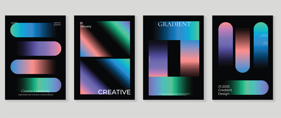 Abstract gradient background vector set. Minimalist style cover template with vibrant perspective 3d geometric prism shapes collection. Ideal design for social media, poster, cover, banner, flyer. - obrazy, fototapety, plakaty