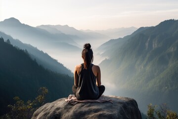 meditating woman sits on rock with mountain view on foggy day