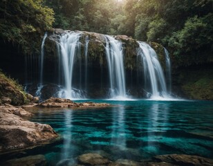 Fototapeta na wymiar Majestic waterfall cascading into a crystal-clear pool 