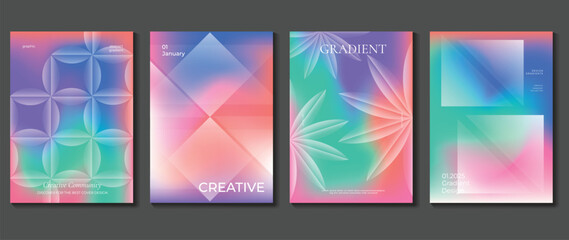 Fototapeta premium Abstract gradient background vector set. Minimalist style cover template with vibrant perspective 3d geometric prism shapes collection. Ideal design for social media, poster, cover, banner, flyer.