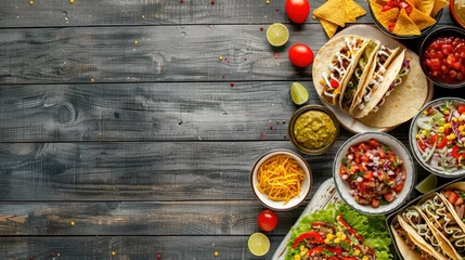 Rolgordijnen Capture a bird s eye view of a delightful array of Mexican culinary delights like tacos quesadillas burritos and nachos adorning a white wooden banner backdrop set against the backdrop of a © 2rogan