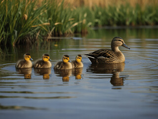 mother duck with ducklings in a pond in autumn with reeds ,AI generated	