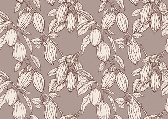 Cocoa tree branch with cocoa beans, chocolate beans, Seamless pattern, background. Vector illustration. In botanical style - 789194308