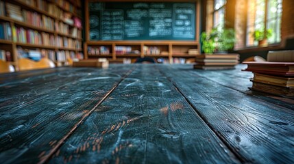 A wooden table with books on it in a library. - Powered by Adobe