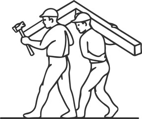 Two men carry a beam on their shoulders. Black and white sketch. Vector illustration.