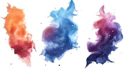 Cosmic blue orange and purple paint splashes isolated on transparent background, PNG, Ai