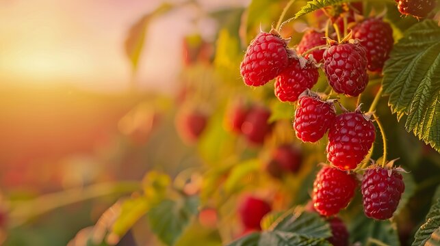 Raspberries on a bush in the sun.