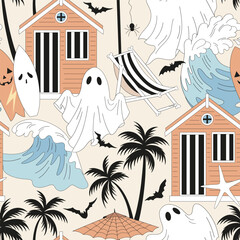 Naklejka premium Groovy hand drawn Halloween beach dressing cabin chair surfboard palm trees waves and ghosts in white blanket vector seamless pattern. Retro line art drawing style October 31st holiday trick or treat