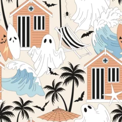 Rollo Groovy hand drawn Halloween beach dressing cabin chair surfboard palm trees waves and ghosts in white blanket vector seamless pattern. Retro line art drawing style October 31st holiday trick or treat © AngellozOlga