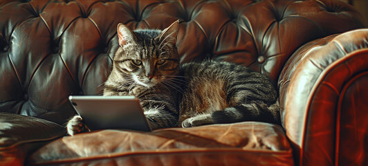 A domestic cat is comfortably seated on a modern couch with a laptop placed in front of it,...