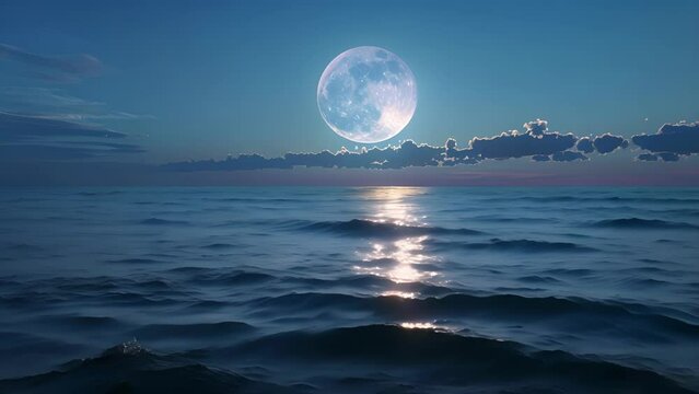 A radiant full moon shining over a tranquil ocean landscape. . .