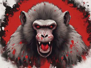 Scary looking baboon, blood splatter art.	