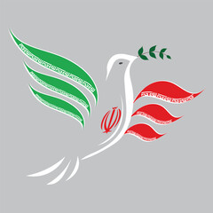 linear silhouette dove with a olive branch in the colors of the Iranian Three-Coloured national flag. Pigeon Dove Bird in shape of Iran flag in the struggle for peace. 
