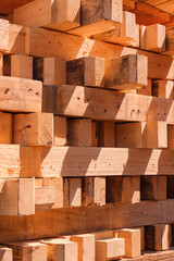 Stack of many timbers from the old wood pallets are taken apart for reusable and recycling concept, side view and vertical frame